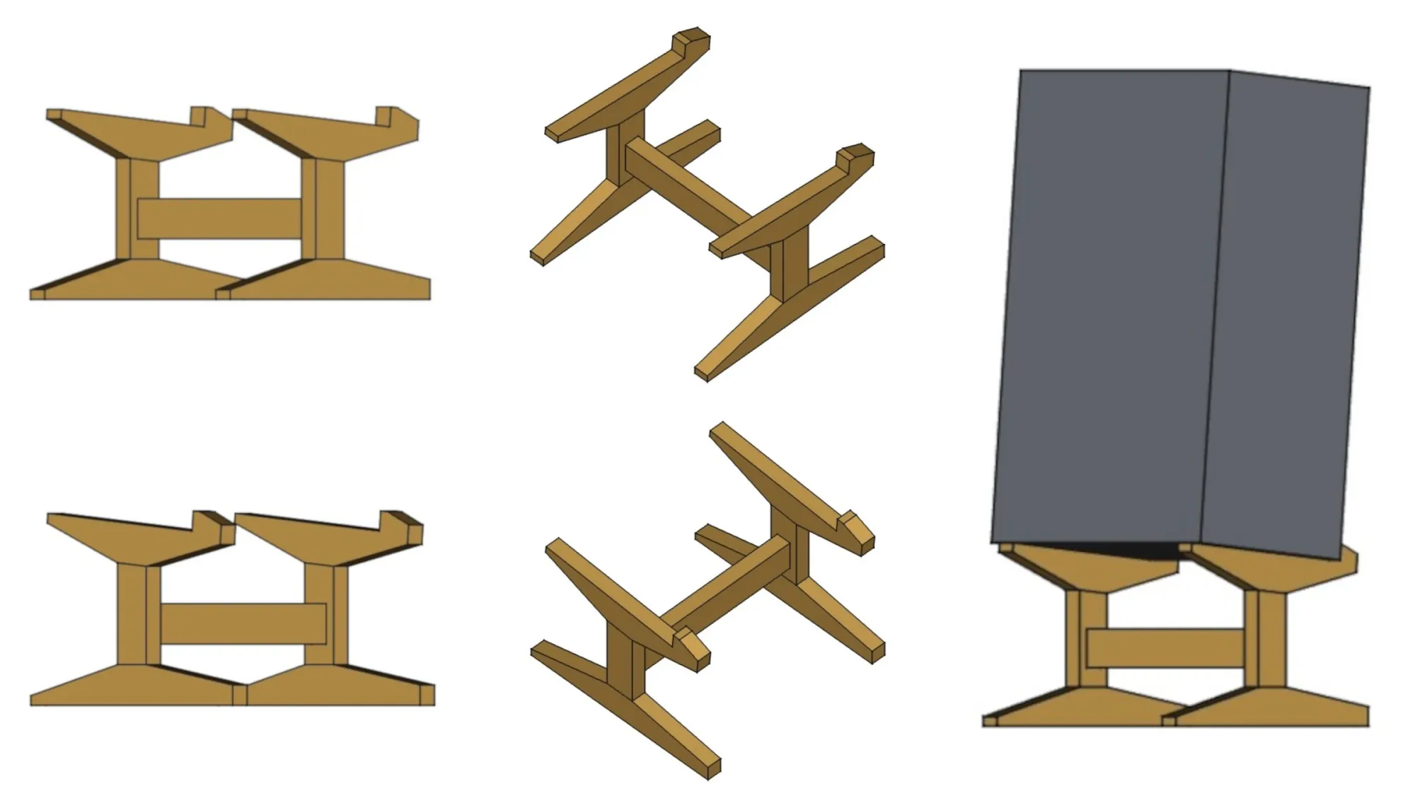 An image showing CAD renderings of the speaker stand design from various perspectives.