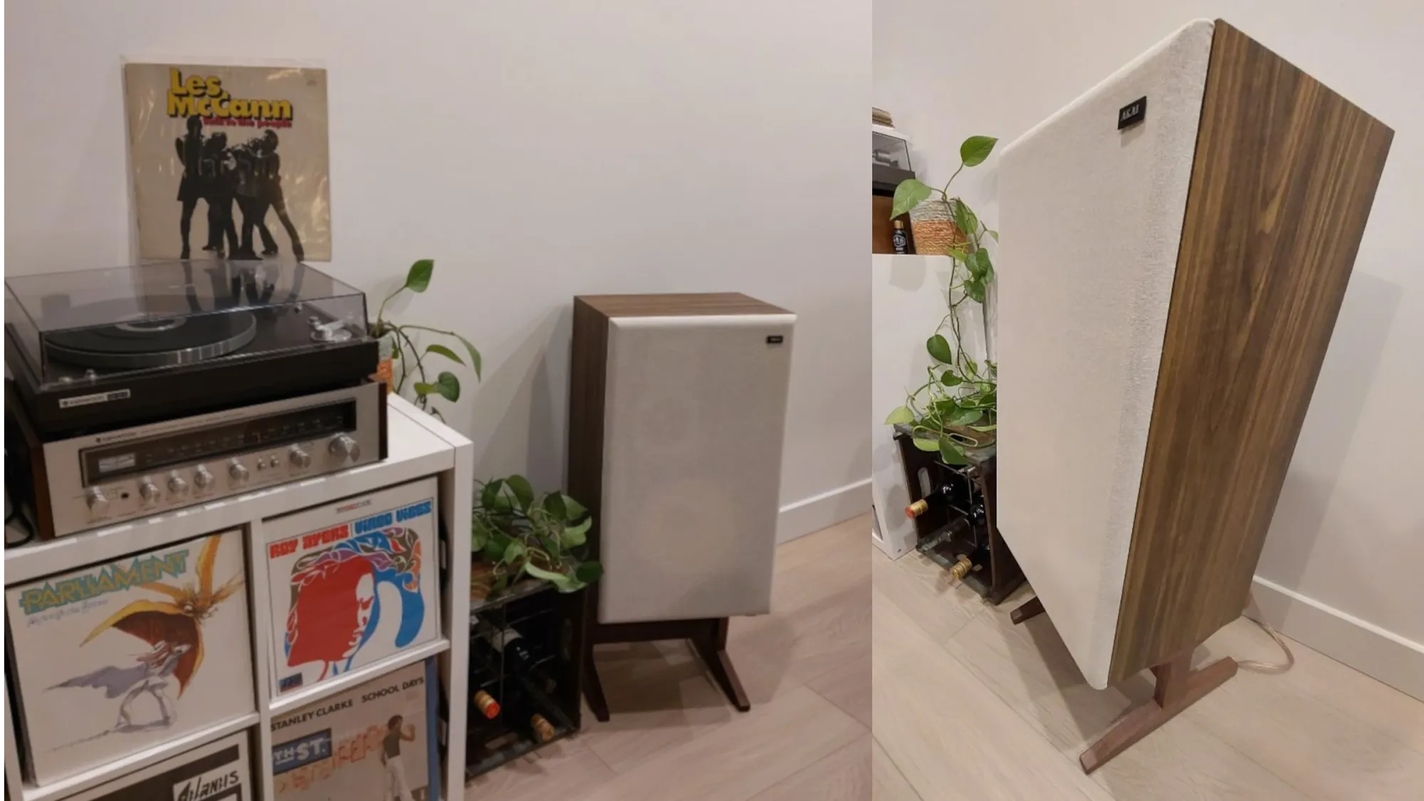 An image showing two views of a speaker on a stand next to a record cabinet with a tuner and turntable on top. 